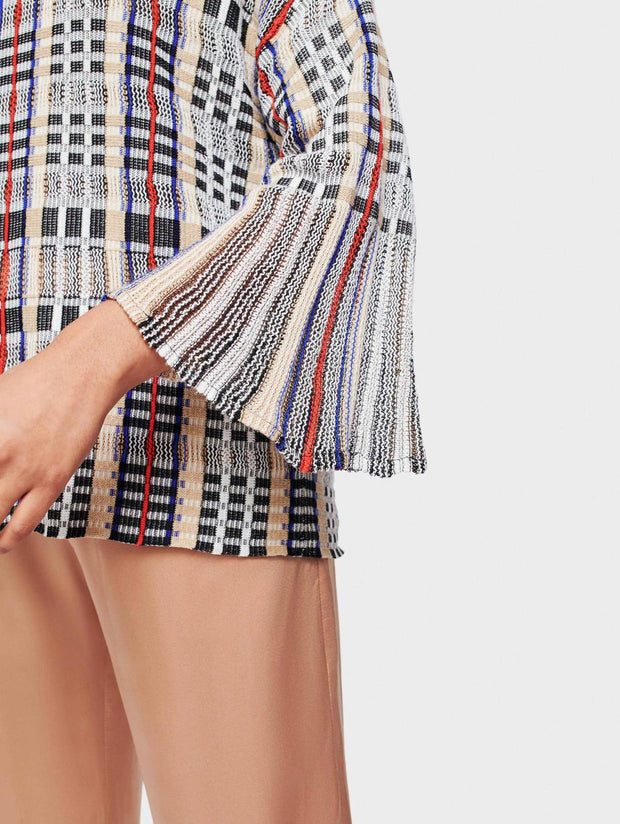 White + Warren - Plaid Flare Sleeve Crewneck Blouse in Bright Multi