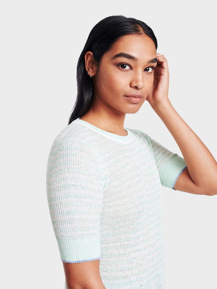 White + Warren - Striped Ribbed Crewneck in Jade Heather/White