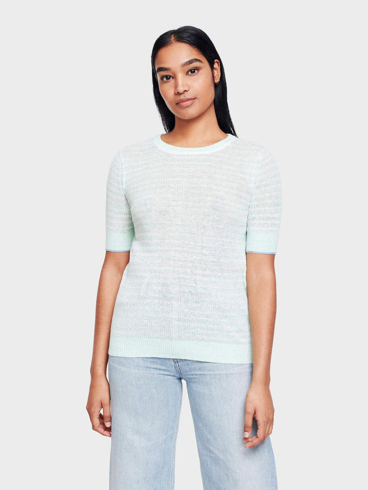 White + Warren - Striped Ribbed Crewneck in Jade Heather/White
