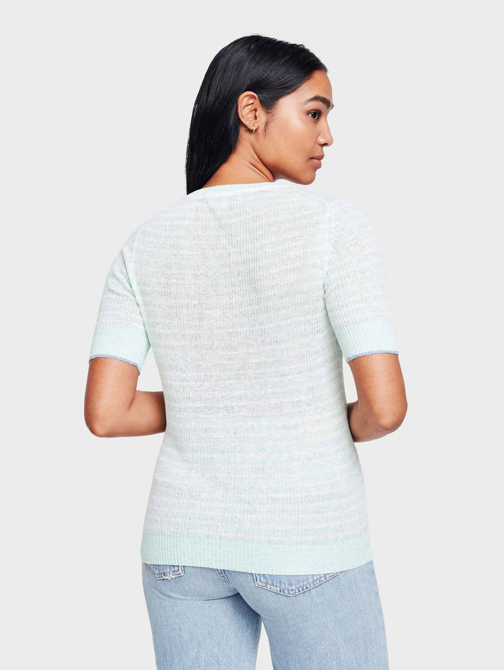 White + Warren - Striped Ribbed Crewneck in Jade Heather/White