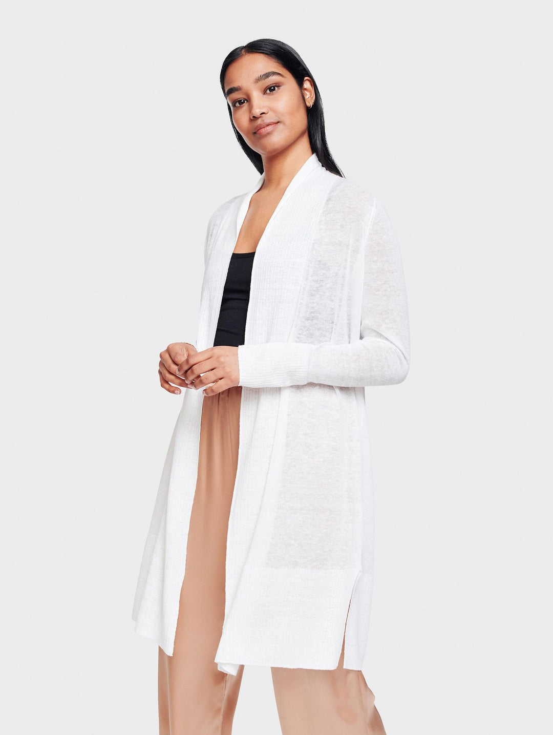 White + Warren - Long Open Cardigan in White