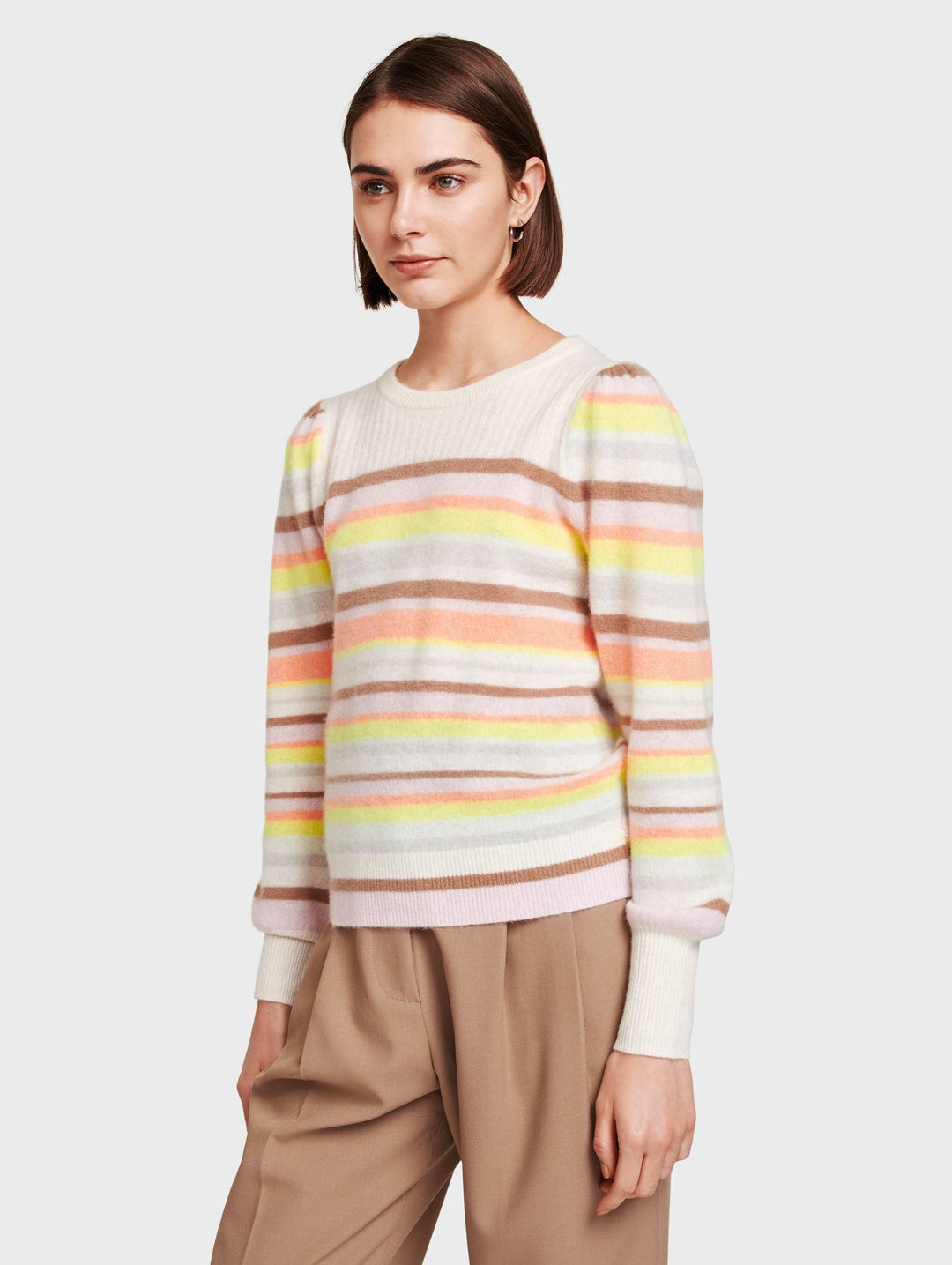 White + Warren - Ribbed Yoke Striped Crewneck in Rainbow Multi