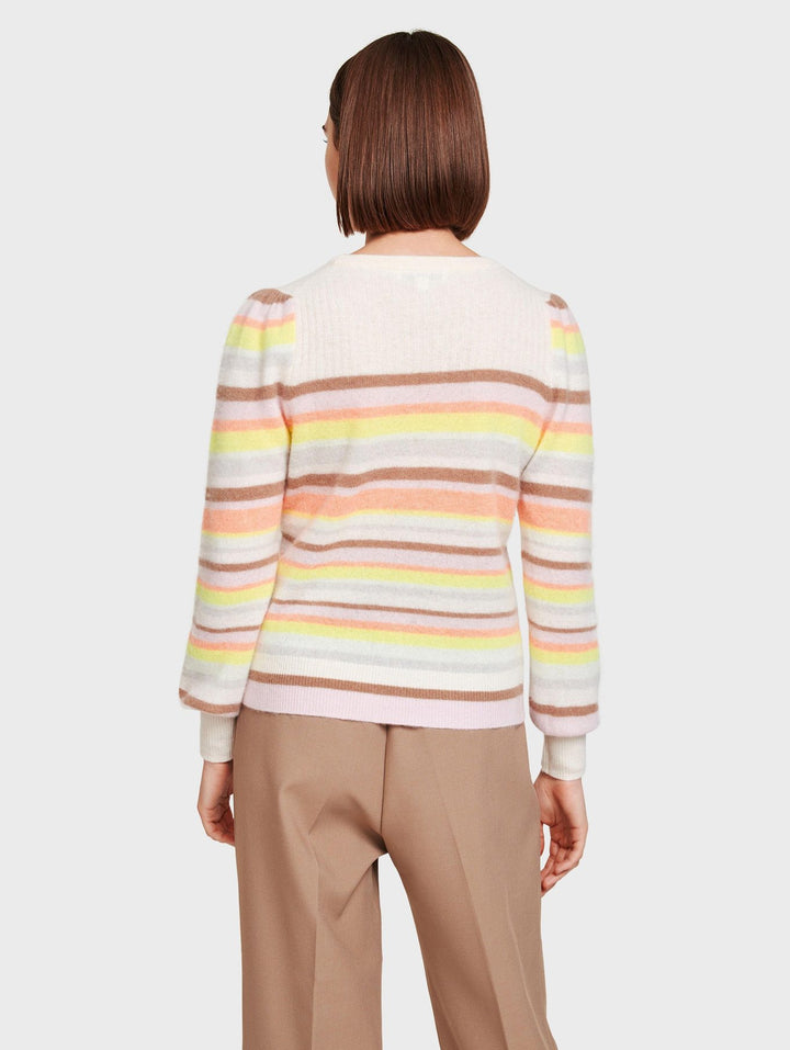 White + Warren - Ribbed Yoke Striped Crewneck in Rainbow Multi