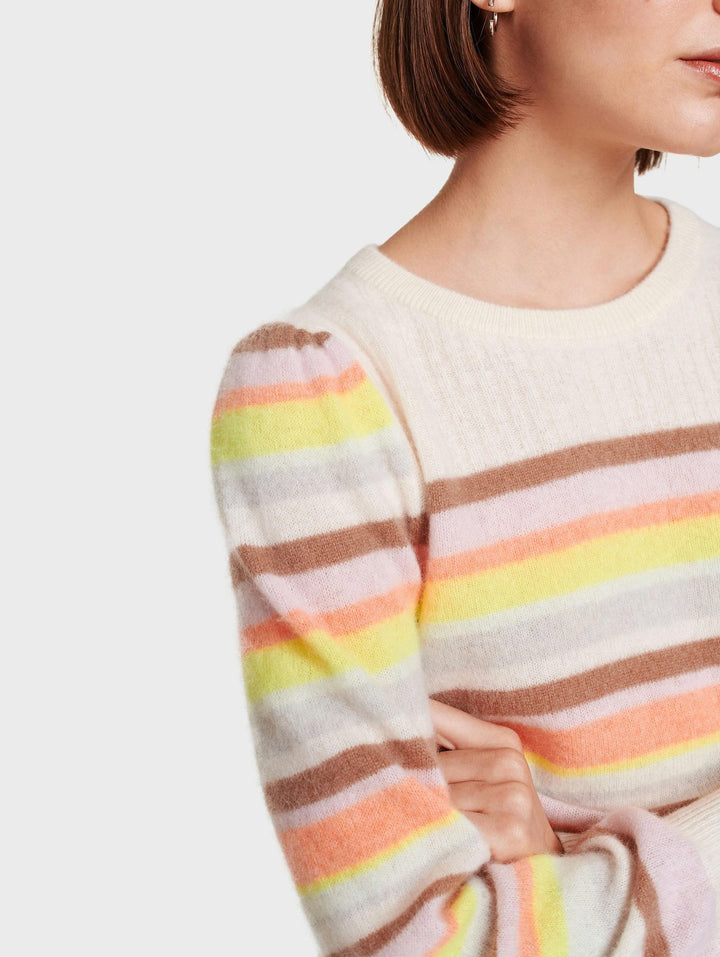 White + Warren - Ribbed Yoke Striped Crewneck in Rainbow Multi