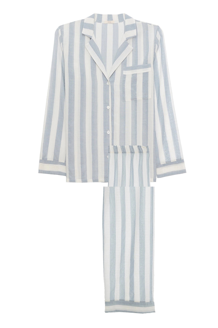 Eberjey - Umbrella Stripes Woven Long PJ Set in Sky Blue/Cloud
