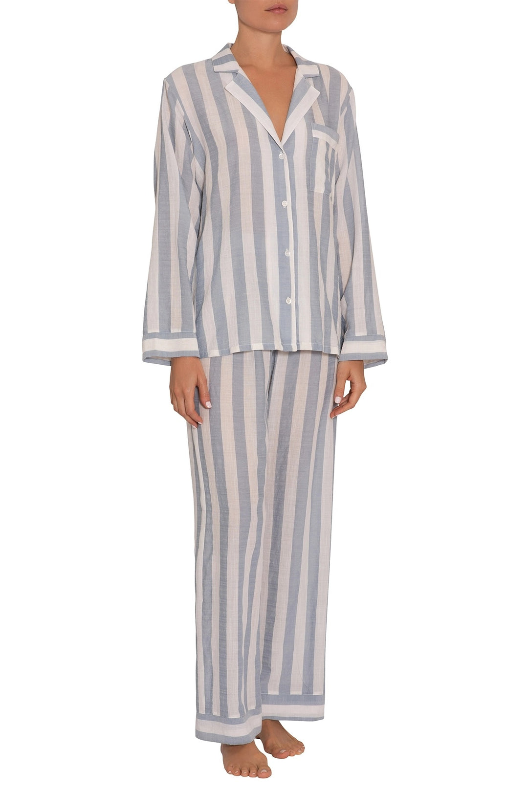 Eberjey - Umbrella Stripes Woven Long PJ Set in Sky Blue/Cloud