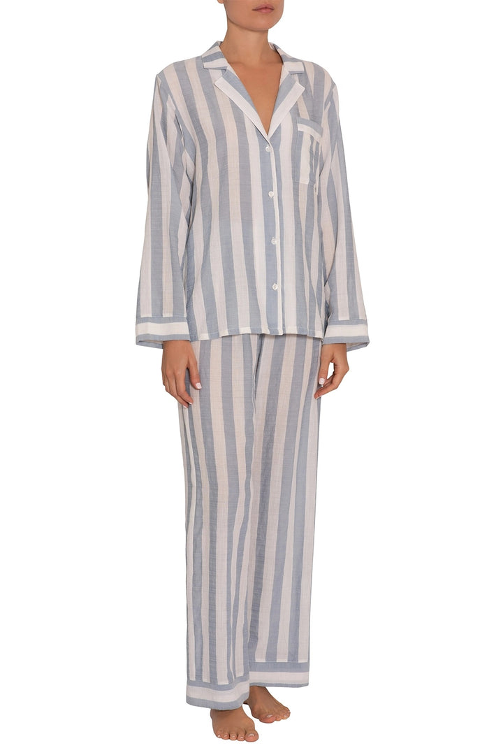 Eberjey - Umbrella Stripes Woven Long PJ Set in Sky Blue/Cloud