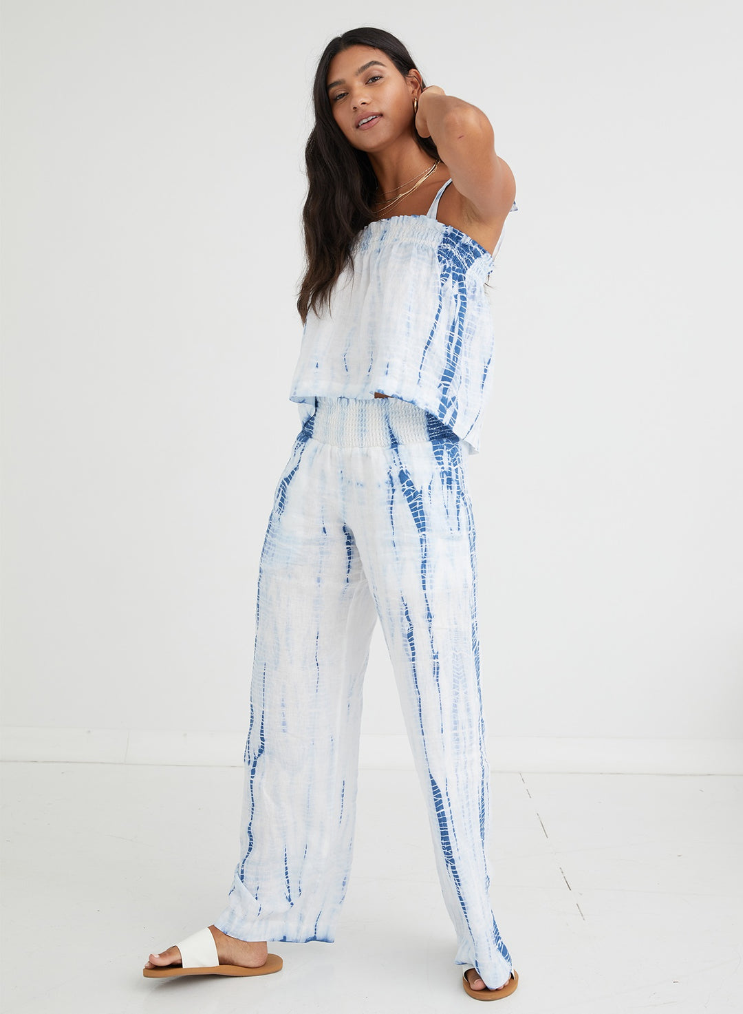 Bella Dahl - Smocked Waist Wide Leg Pant in Navy Tie Dye