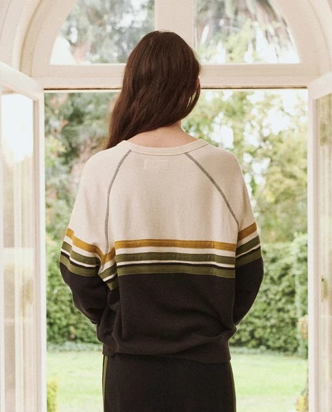 The Great - The College Sweatshirt with Stripe Applique in Almost Black w/ Citron Stripe