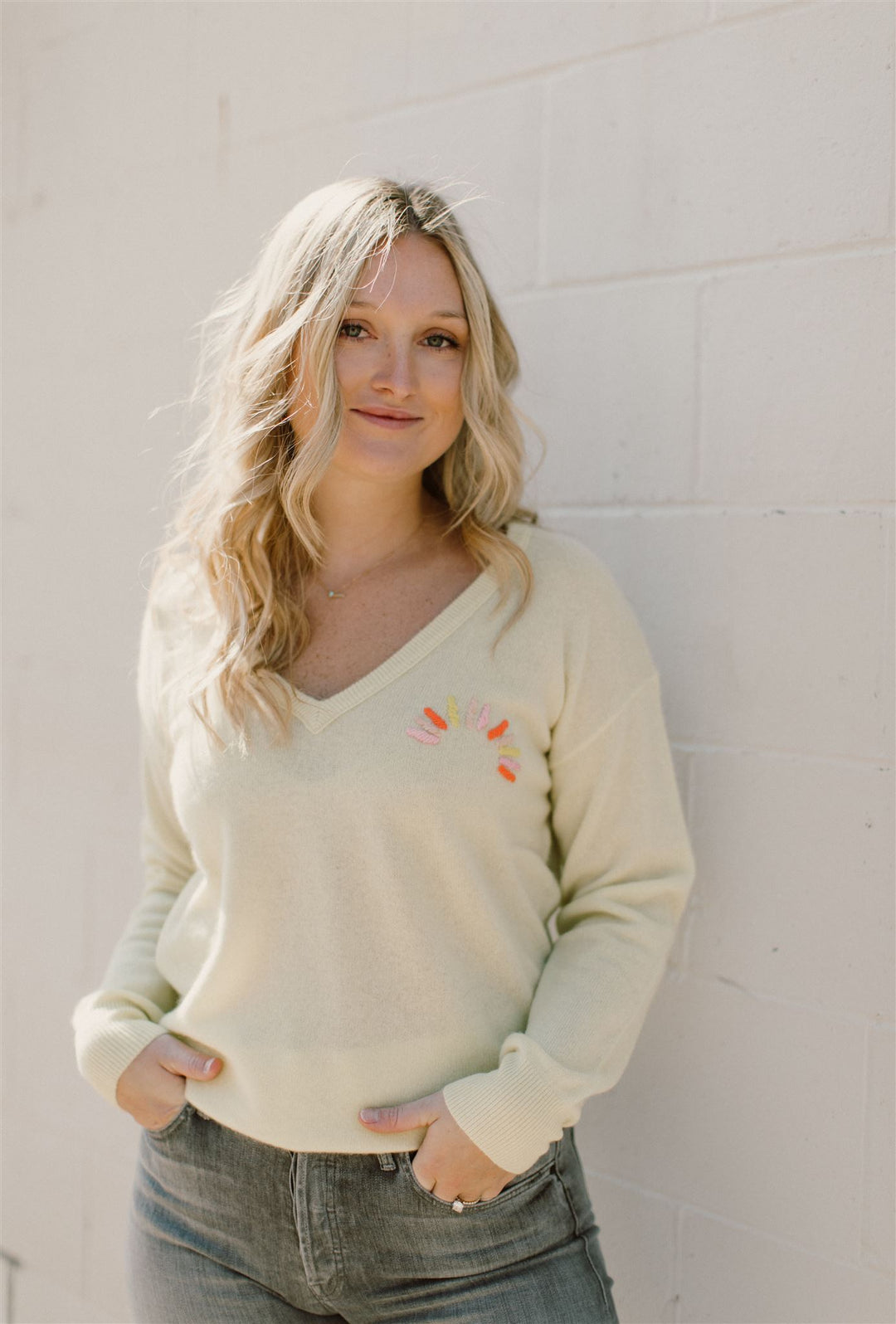White + Warren - Cashmere Hand Embroidered Sunburst V-Neck Sweater in Sunshine