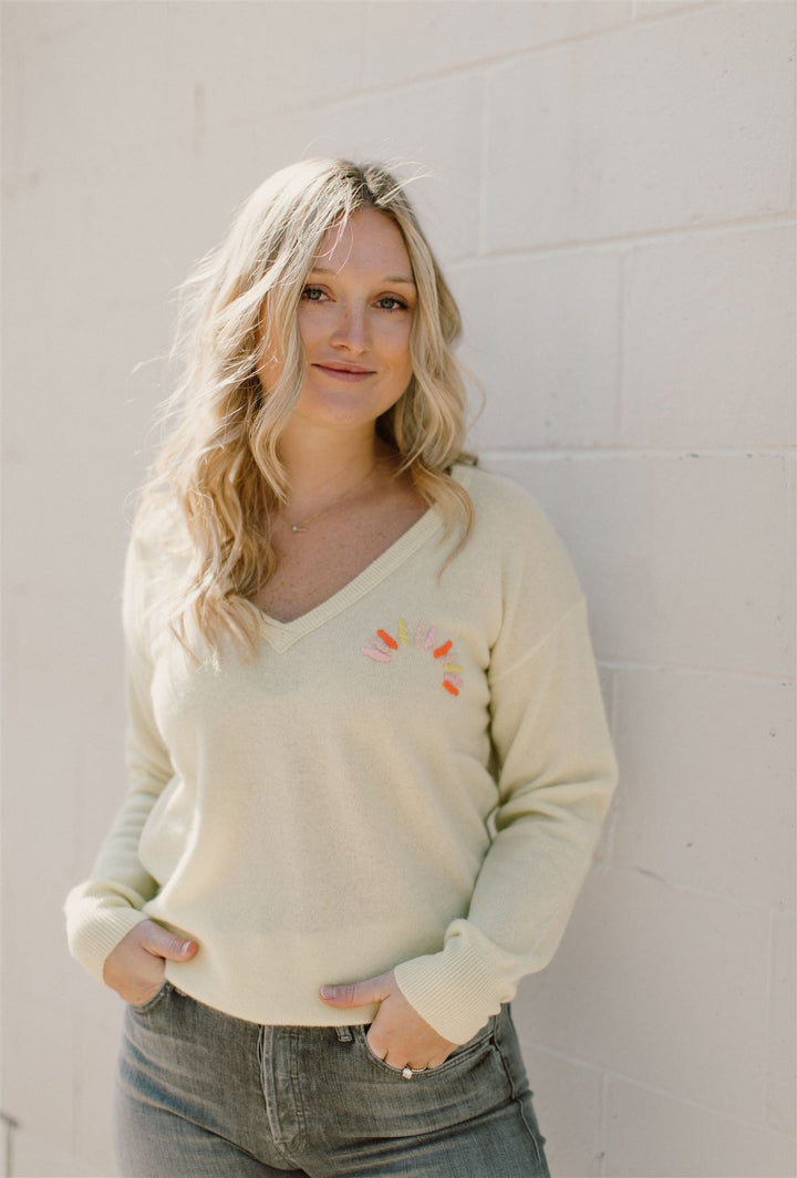 White + Warren - Cashmere Hand Embroidered Sunburst V-Neck Sweater in Sunshine