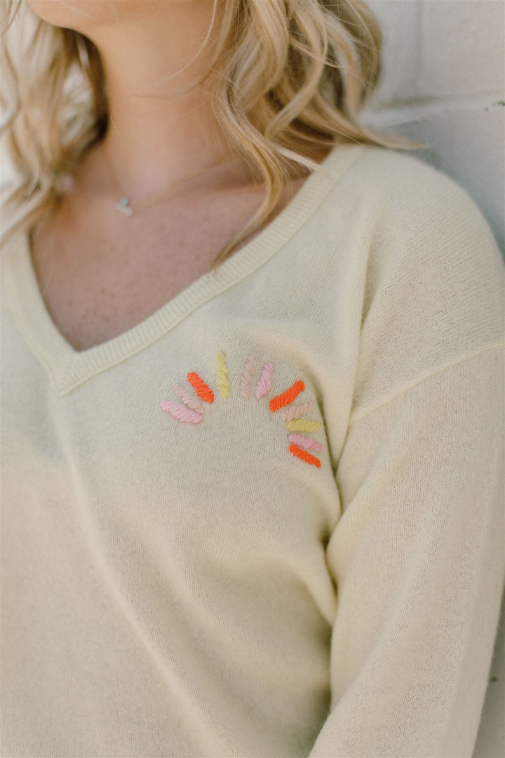 White + Warren - Cashmere Hand Embroidered Sunburst V-Neck Sweater in Sunshine