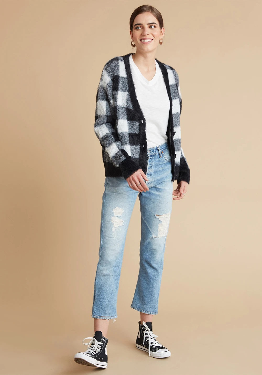 Bella Dahl - Sweater Cardigan in White and Black Plaid