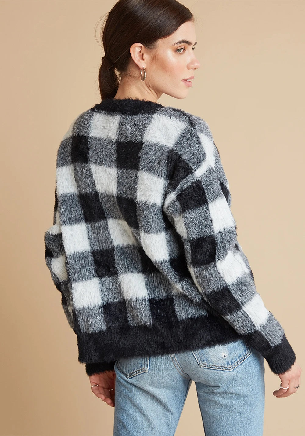 Bella Dahl - Sweater Cardigan in White and Black Plaid