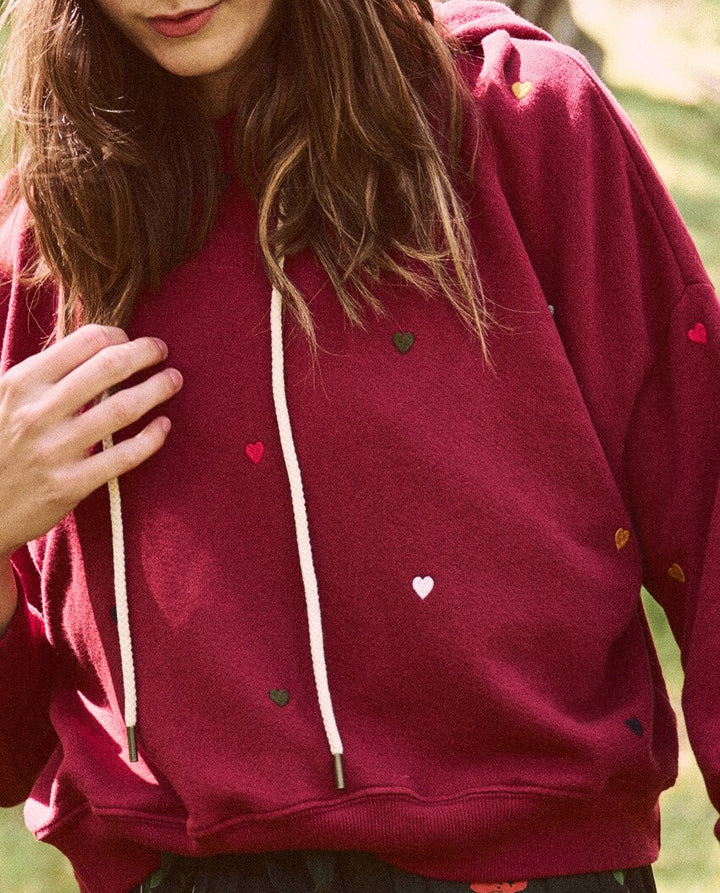 The Great - The Teammate Hoodie in Spiced Wine w/ Embroidered Hearts