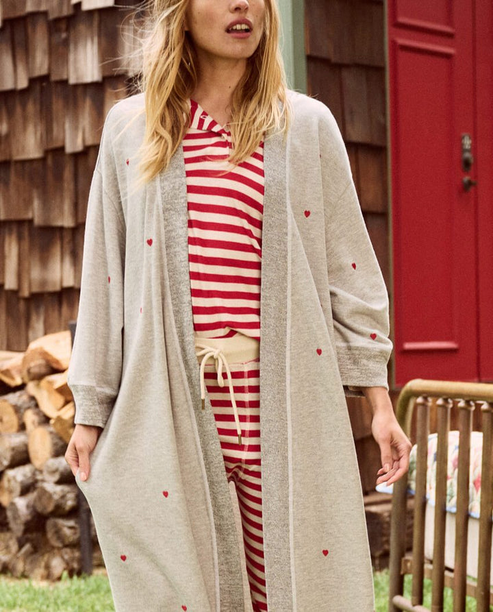 The Great - The Sweatshirt Robe in Light Heather Grey w/ Embroidered Hearts