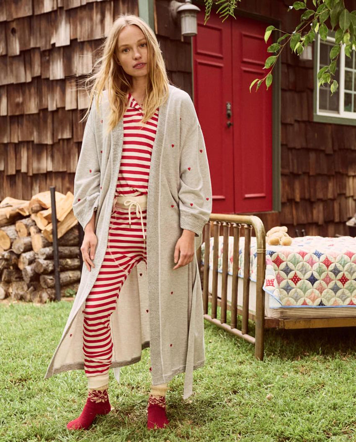 The Great - The Sweatshirt Robe in Light Heather Grey w/ Embroidered Hearts