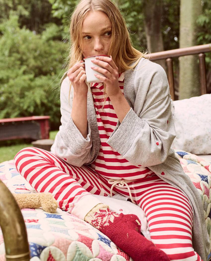 The Great - The Sweatshirt Robe in Light Heather Grey w/ Embroidered Hearts