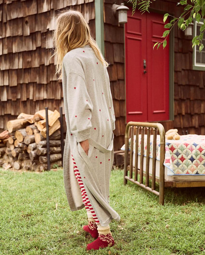 The Great - The Sweatshirt Robe in Light Heather Grey w/ Embroidered Hearts Pajamas