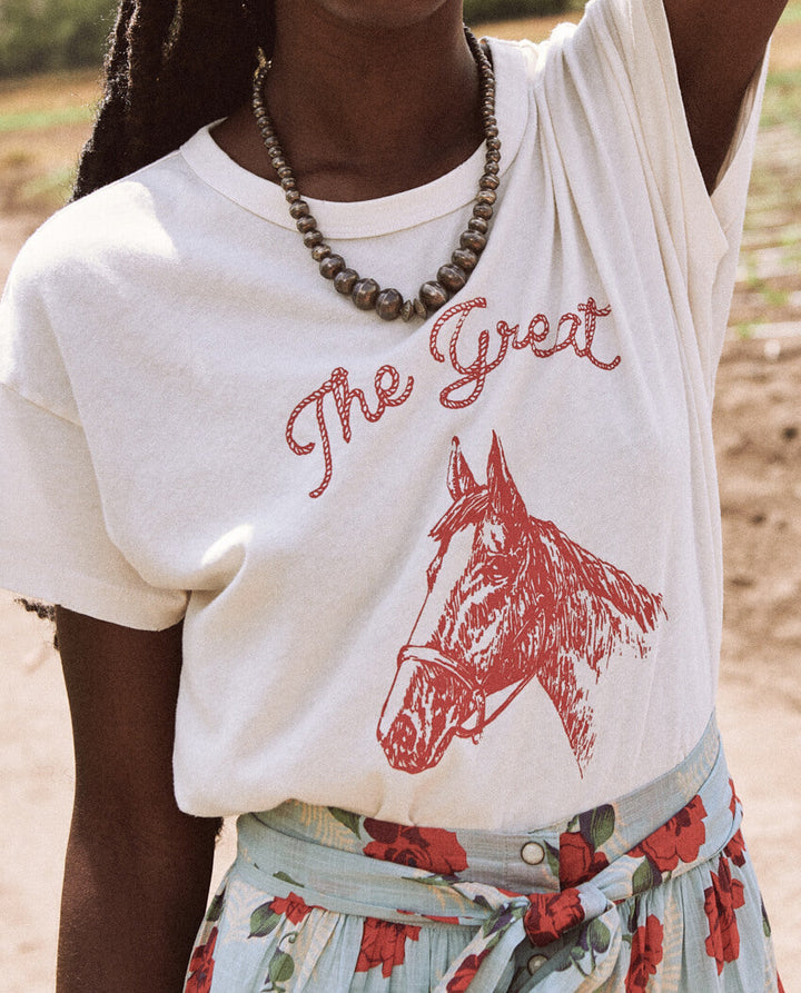 The Great - The Boxy Crew with Stallion Graphic in Washed White Tops