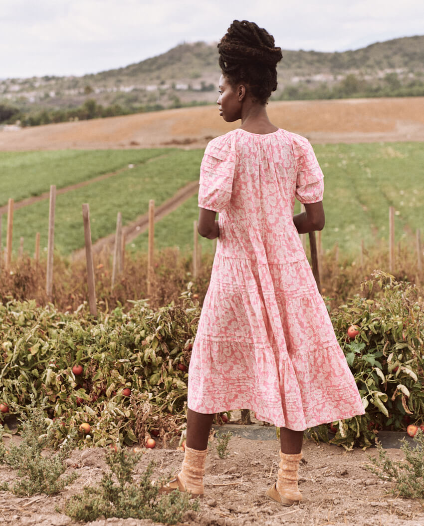 The Great - The Pleated Ravine Dress in Bright Rouge Wild Brush Floral Dresses