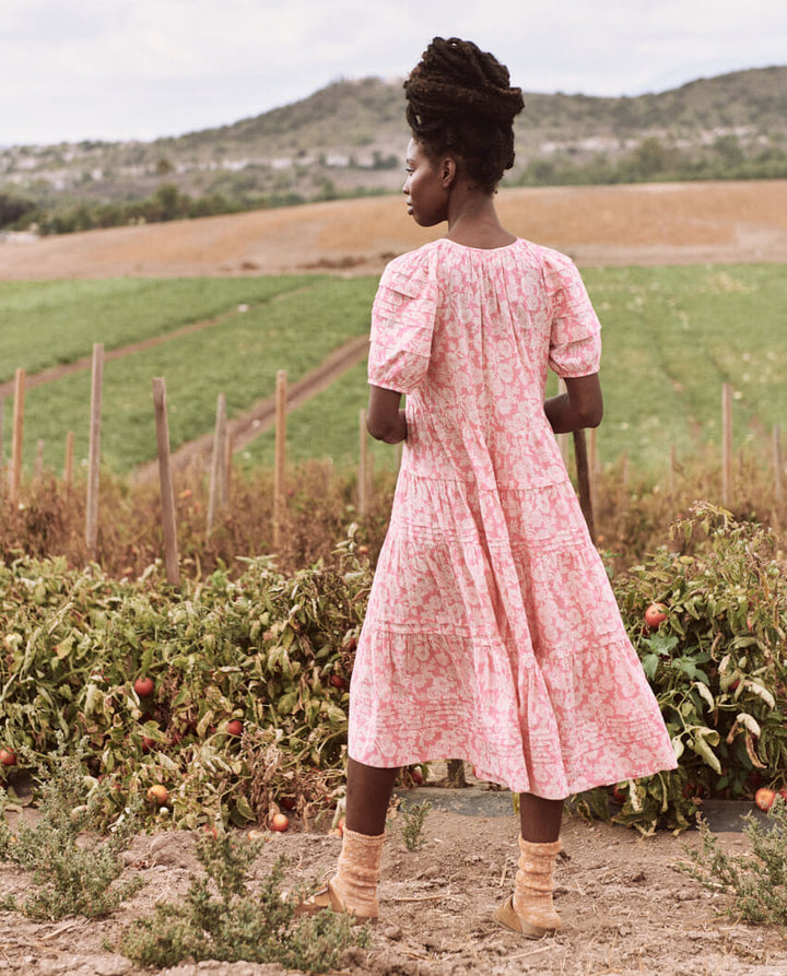 The Great - The Pleated Ravine Dress in Bright Rouge Wild Brush Floral Dresses