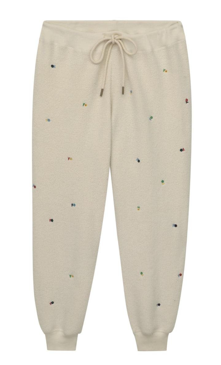 The Great - The Sherpa Cropped Sweatpant w/ Ditsy Floral Embroidery in Washed White Pants