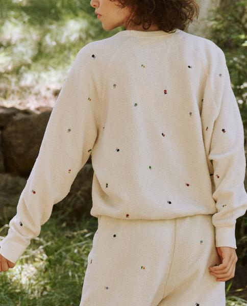 The Great - The Sherpa College Sweatshirt w/ Ditsy Floral Embroidery in Washed White