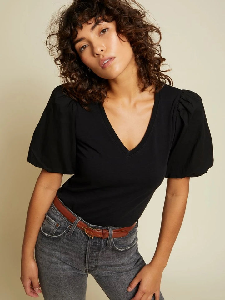 Nation LTD - Traci Bubble Sleeve V-Neck in Black Tops