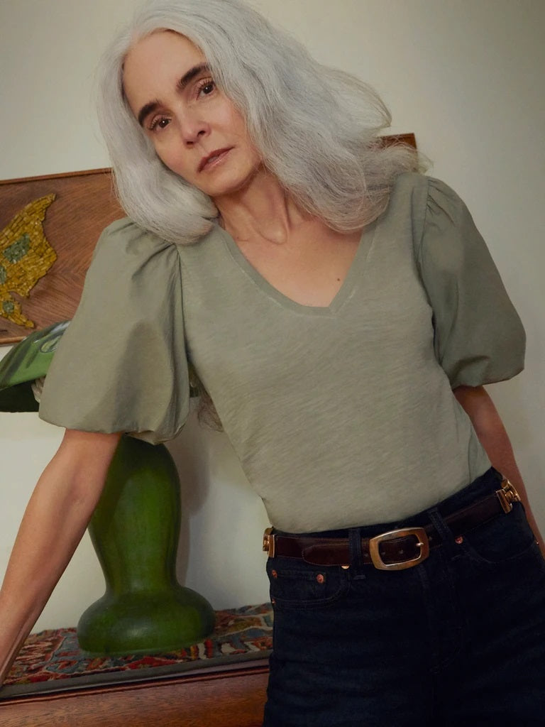 Nation LTD - Traci Bubble Sleeve V-Neck in Vintage Army Tops