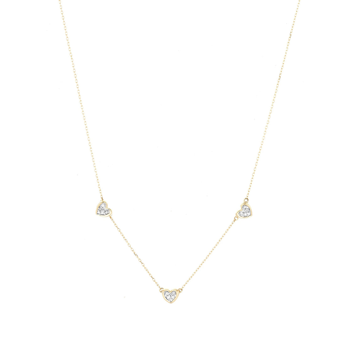 Adina - 3 Pave Folded Heart Chain Necklace in Y14