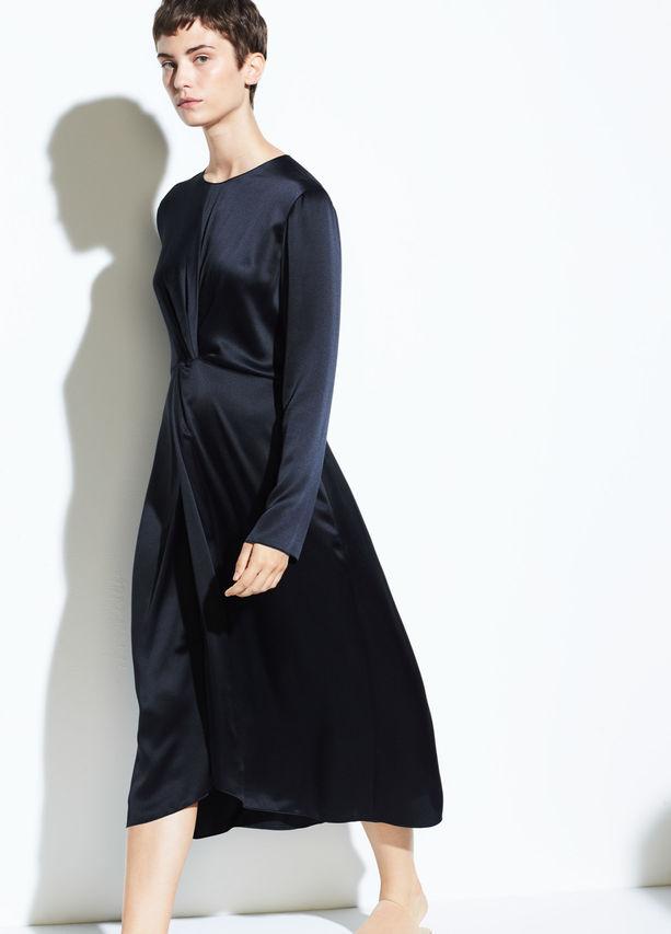 vince black silk dress VINCE L71706 Women's Draped Silk Panel Black Midi Dress Size Small