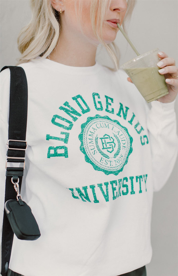 Blond Genius - Blond Genius University Sweatshirt in White w/ Green