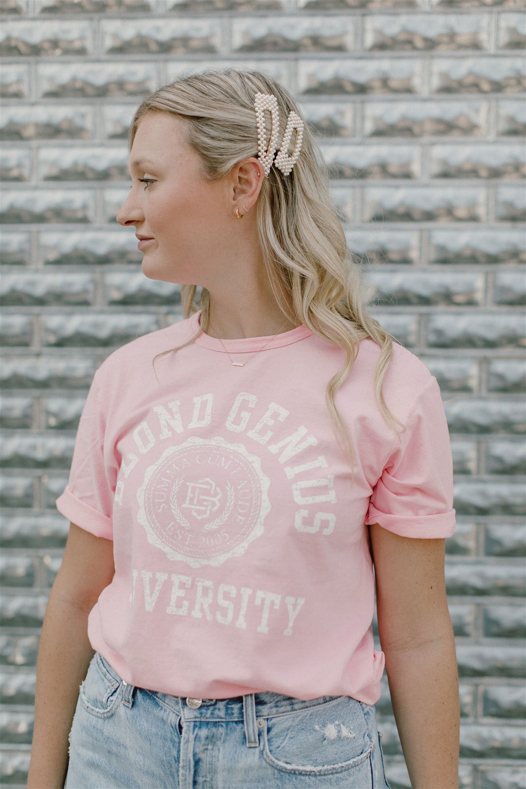 Blond Genius - Blond Genius University Tee in Pink w/ White Tops