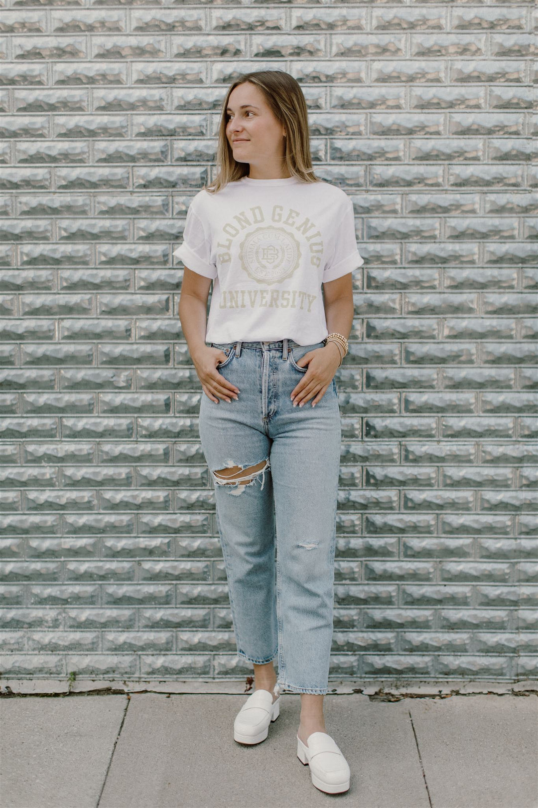 Blond Genius - Blond Genius University Tee in White w/ Gold Tops