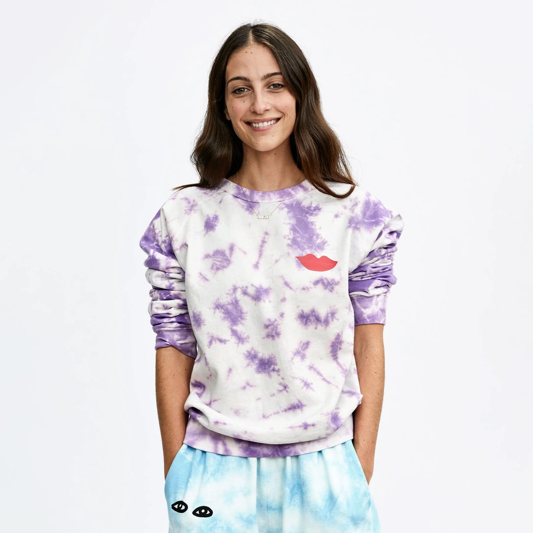 Clare Sweatshirt in Violet Tie Dye w/ Poppy Lips - Main Image