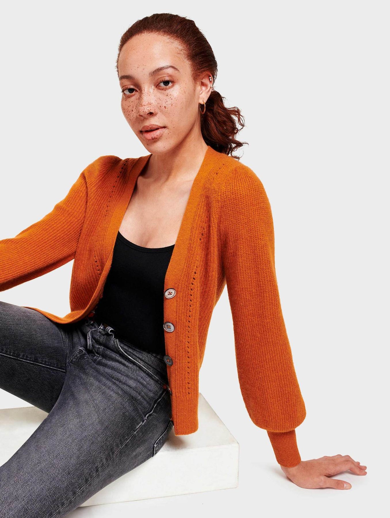White + Warren Exaggerated Puff Sleeve Cardigan in Amber Heather