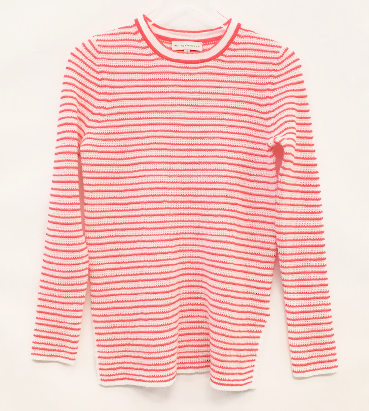 White + Warren - Striped Thermal Long-sleeve Shirt in White/Red Stripe