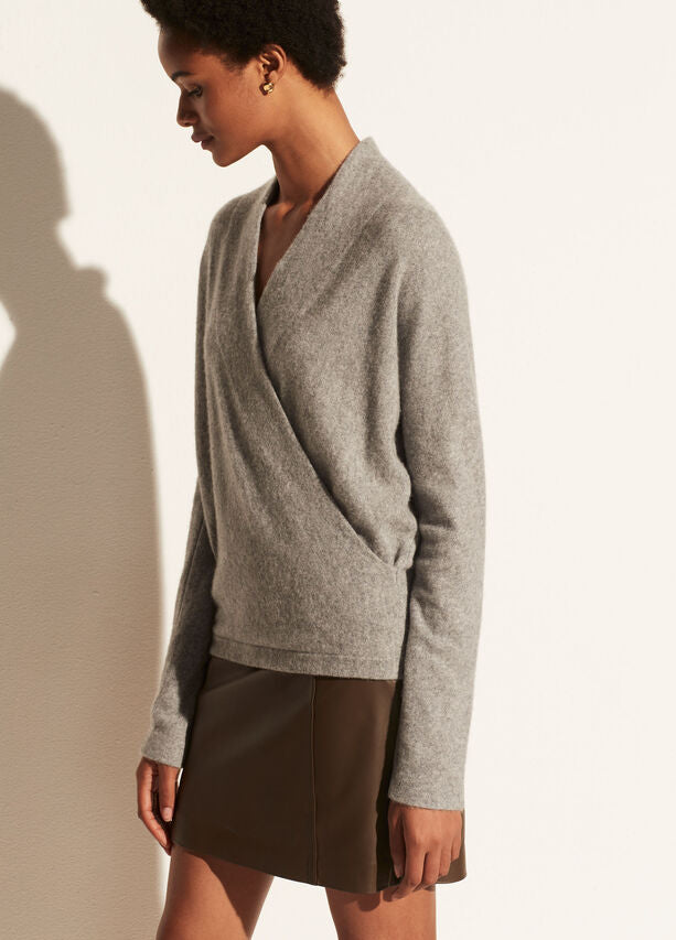 Vince - Wrap Front Pullover in Medium Heather Gray